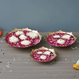 eCraftIndia Set of 3 Golden Metal Handcrafted Decorative Lotus Urli Bowl for Home Decor- Urli for Floating Flowers - Diwali Decoration Items for Home Decor - Housewarming, Diwali Gift-picture-12