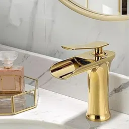 B Backline Wash Basin Mixer Tap Brass Bathroom Basin Faucet Single Handle Hot & Cold Waterfall Lavatory Sink Faucet for Living Room & Bathrooms (Gold Short Body)-picture-13
