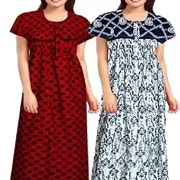 Women's Cotton Nightgown, Printed Maxi Nighty with Lace Design, Sleepwear Dress Pack of 2-picture-35