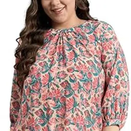 anjir Women's Plus Size Floral Printed Crepe Top – 3/4 Sleeve Gathered Neck Design-picture-46