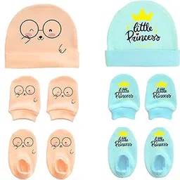 YATHUSHAN Newborn Baby Cap, Mittens & Booties Set | Ultra-Soft Cotton Infant Essentials | “Little Princess” & “Cute Face with Glasses” Designs | Perfect Baby Shower Gift for Newborn Boys & Girls | 0–6 Months-image-98