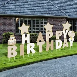 Jetec 18 Pieces Happy Birthday Yard Signs with Stakes, 16 Inches Birthday Outdoor Lawn Signs, Birthday Cake Balloon Patio Decorations, Garden Lawn Decorations for Birthday Party (Beige)-image-2