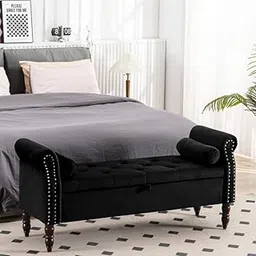 Upholstered with Arms Storage Bench Modern Velvet Storage Ottoman Bench Large Footstool for Bedroom, Living Room & Entryway with Brown Wooden Legs (Black)-image-43
