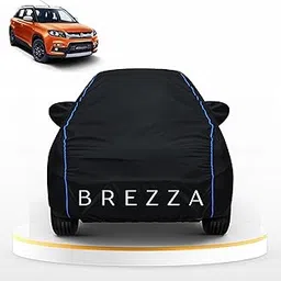 AYSHU Car Cover for Maruti Suzuki Brezza, Water Resistant with Mirror & Antenna Pocket, Triple Stitched, Bottom Elastic, Dustproof Full Body Protection, Heat & UV Resistant, Black with Blue Piping image 1
