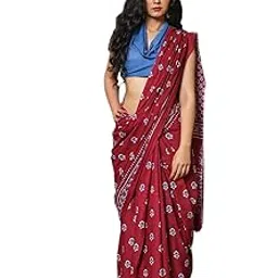 jalther Handicrafts Women's Ikat Hand Block Print Jaipuri Cotton Mulmul Saree with Blouse Piece-picture-15