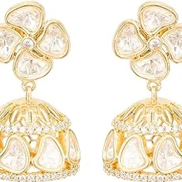 jewellity Moissanite Kundan Jhumki Earrings, Gold Plated, Floral Design with Crystal Stones, ERK-5333-picture-45