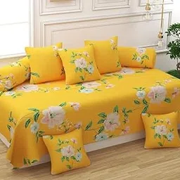 Decozom Stylish Threads Heavy Cotton 8 Pieces Diwan Set ||1 Single Bedsheet, 2 Bolster Covers, 5 Cushion Covers || :- Yellow Flower-picture-36