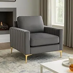 Velvet Accent Chair, Grey, Channel Tufted Arms, Gold Metal Legs, Modern Contemporary Style-picture-22