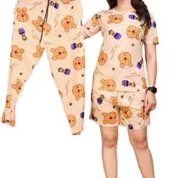 SALIMAR Enterprise 3 Pcs for Women Printed Co-Ords Set Night Suit and Night Dress T-Shirt Pyjama Combo-picture-44
