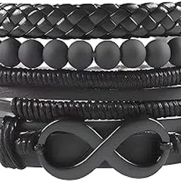 QUADRA-FUSION INFINITY BLACK - Leather Bracelet Set, 4pcs Black Genuine Braided Leather Bracelets, Tribal Woven Ethnic Wrap Infinity Bracelet for Men & Boys (8inch)-image-3