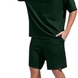 Men's Oversized Co-ord Set Casual T-Shirt and Shorts Combo Summer Streetwear Outfit (Green-M)-picture-48