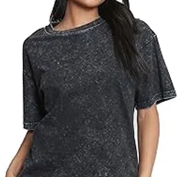 Acid Dye Wash Oversized T Shirt for Women- Drop Shoulder Loose Fit 100% Pure Cotton Black T Shirt- Trendy Baggy Style Half Sleeve Women Tee- Round Neck Stylish Vintage Street Wear-image-5