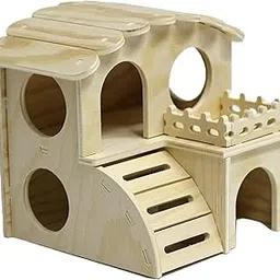Hamster House, Hamster Toys, Guinea Pig House Natural Wood Hideout Multi-Level Play Rest Space for Small Pets, Easy Assembly & Clean-picture-10