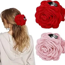 SANNIDHI® 2Pcs Hair Claw Clips Rose Flower Claws Clips for Women 3.5 Inches Pink & Red Flower Claws Clips Summer Hawaii Fashion Hair Clip Flower Hair Clips Women Hair Accessories-image-61
