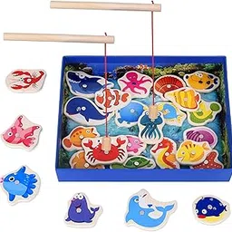 PLUSPOINT Wooden Fishing Magnetic Toy Set Fishing Game 30 Piece Fishes 2 Sticks 1 Tray Wooden Magnetic Fishing Travel Table Toy Christmas Birthday Gift Educational Games for Kids (Fish Game)-image-50