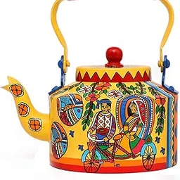 A Krazy Mug Hand Painted & Hand Designed Colourful Decorative Traditional Village Theme Desi Tea Chai Aluminium Kettle (1.25 L) image 1