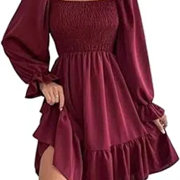 naiades Women's Fit and Flare Dress, Square Neck, Puff Sleeve, Above Knee Length, Ruffle Hem, Casual-picture-13