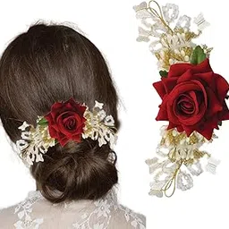 TEMPERIA (1pc) Hair Accessories For Women's & Girls - Stylish Artificial Flowers & Crystal Pearls Bun Juda Bridal Brooch for Hairstyle & Decoration - Pins & Clips for Style of Bride (Red & White)-image-45