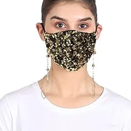 anekaant 3-Ply Reusable Sclupted Sequin Fashion Mask With with Embellished Lanyard Chain-picture-36