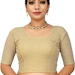 Designer Crop Top, Streachable Blouse, Gold Brocade Pattern, Elbow Length Sleeves, Traditional Indian Wear-picture-59