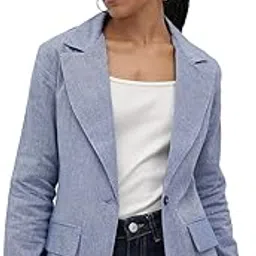 Denim Blue Notched Lapel Collar Single-Breasted Blazer-image-37