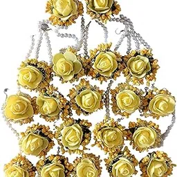 peaches & pink Yellow Flower Maang Tikka Jewellery Set for Marriage | Wedding | Baby Shower | Haldi | Mehandi | Party | Shaadi Functions for Girls and Women-picture-46
