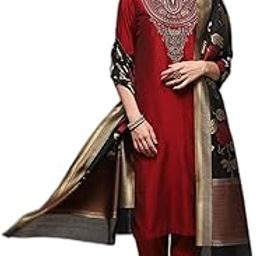 biba Women Green & Red Poly Viscose Straight Kurta Slim Pant Suit Set-picture-14