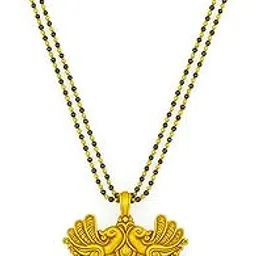 Gold Plated Long Mangalsutra Designs Peacock Pendant & Pearls Two Line Black Beads Chain Necklace.-image-26