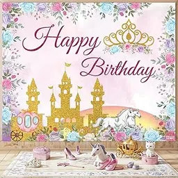 Party Propz Princess Theme Birthday Decoration Items for Girls, 2pcs Backdrop 5x4 ft with Ribbon, Princess Decoration for Birthday Girls, Bday Decorations Kit & Items for Baby Girl (Cloth Banner)-picture-29
