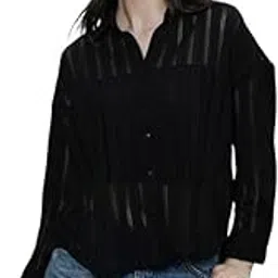 pinacolada Women's Shirt | Spread Collar, Long Button-Cuff Sleeves, Button Closure | Solid Loose-Weave Woven Shirt for Casual Onyx Black-picture-26