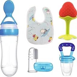 Baby Feeding Set, 5-Piece Kit with Bottle, Soft Bib, Fruit Teether, Food Feeder and Silicone Toothbrush (5, Blue)-image-9