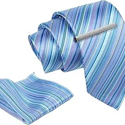 axlon Tie for Men – Checkered Silk Neck Ties Set with Cufflinks Flower Pin, Pocket Square & Black Gift Box, Combo Necktie Sets for Office Wear, Formal Suits & Weddings (Skyline Blue, NXSMX_93)-picture-29