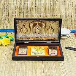 PujaNPujari Tirupati Balaji Lakshmi Padmavati Photo Frame with Gold Plated Shank Chakra Padalu Pooja Gift Box Set Rectangular, Wood, Wall Mount-image-32