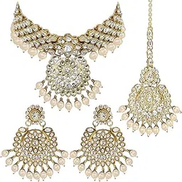 peora Indian Traditional 18K Gold Plated Kundan Bead Choker Necklace with Earring Mangtikka Jewellery Set for Women Girls-picture-19