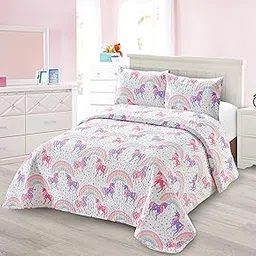 Kids Zone Collection Bedspread Coverlet Kids/Teens Unicorn Stars Hearts Rainbow White Pink Purple Yellow Orange Grey New # Unicorn Two (Full/Queen)-picture-35