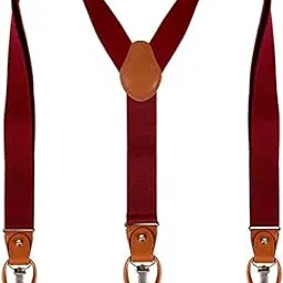 fizzoqi Men's Adjustable Elastic Suspenders with Brown Leather and 3 Metal Clips-picture-24