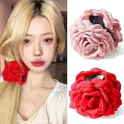 PALAY® 2Pcs Rose Hair Claws Clips for Women 3.5 Inch Flower Claw Clips Summer Hawaii Fashion Flower Hair Clips Women Hair Accessories - Pink & Red-image-47