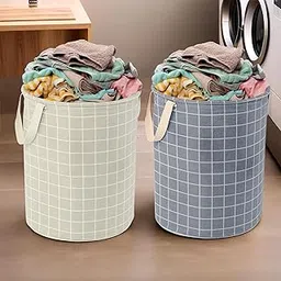 Kuber Industries (Pack of 2) Laundry Basket (60 LTR) Cotton Round Laundry Hamper (Check-Print) Clothes Storage Bag | Toy Storage Basket for Cloth | Foldable Laundry Bag | Light & Dark Grey-picture-18