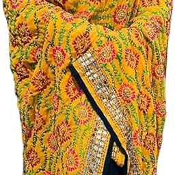 Angel creations Traditional Mirror Work Embroidered Dupatta, Yellow Cotton, Floral Pattern with Pink and Green Thread Work (Pacl Of 1) image 1