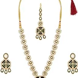 Green Meenakari Dazzling Stones Embellished Necklace Earring & Maangtikka Set For Women-ZPFK21658-image-65