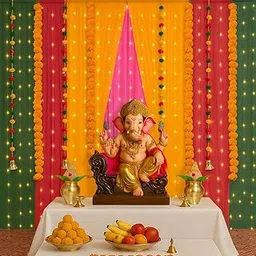 Party Propz Ganpati Decoration Setup for Home, Multicolor Backdrop Decorations with Marigold and Pom Pom Hangings, Fairy Lights, Janmashtami, Varalakshmi, Haldi, Backdrop Cloth for Decoration Pooja-image-80