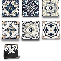 MDF Blue Ethnic Printed Tea Coaster Set of 6 with Holder | Waterproof & Heat Resistant Decorative Coasters for Cups, Coffee, Dining Table & Home Decor [3.5x3.5 inch] (DESIGN-11)-image-49