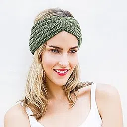 momisy Knitted Winter Twist Woolen Warm Headband | Cold Weather Hair Accessories Head Wrap | Winter Designer Headbands for Women & Men- Green-picture-34
