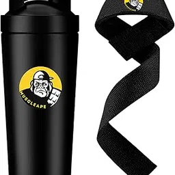 Muscleape Stainless Steel Shaker BottleWith Pair Of Lifting Straps For Gym (Black) 100% Leakproof Guarantee, Ideal For Protein, Pre Workout, Bcaas & Water Bpa Free Material, 750 milliliter.-image-0