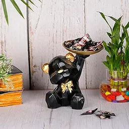 Black Sitting Teddy Bear Statue Holding Tray Decorative Showpiece for Home Gifts Item (Black)-image-92
