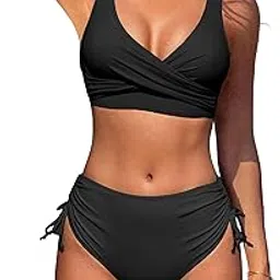 maiableau Women's High Waisted Bikini Twist Front Tie Back 2 Piece Swimsuit Solid Color Swimwear Plus Size-picture-47