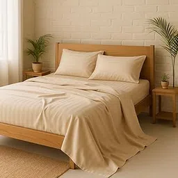 Harbell Home 300 TC Satin Stripe Queen Size Bedsheet 90x100 Inches with 2 Pillow Covers | Luxury Cotton Feel Double Bed Sheet for Bedroom, Hotels, PGs & Guest Houses – (Queen, Beige)-image-70