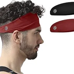 SKULLFIT Men's Chinlon and Spandex Lightweight Moisture Wicking Workout and Sports Sweatbands Headbands - (Pack of 2) (Black, Red)-image-99