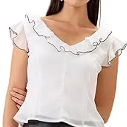 globus Women Flared Sleeves V-Neck Ruffle Contrast Piping Detail Chiffon Top-picture-26