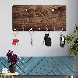 Yami MDF Wood Plain Walnut Finish Key Holder (7 Hooks, Brown)-picture-29